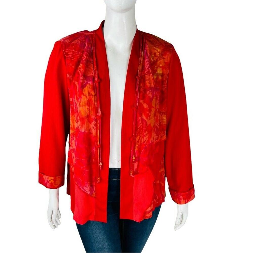 Nancy Bolen Womans Sz Large Long Sleeve Topper Open Blouse Red Crepe